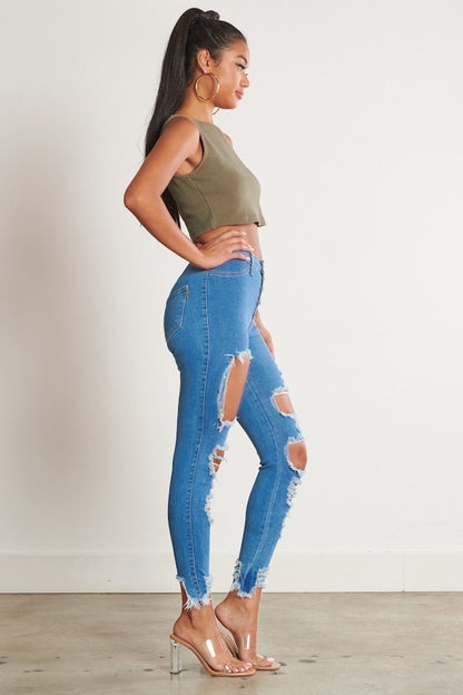 Classic 5 Button Distressed Skinny Jeans - Blue