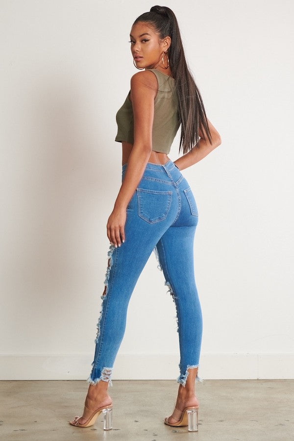 Classic 5 Button Distressed Skinny Jeans - Blue