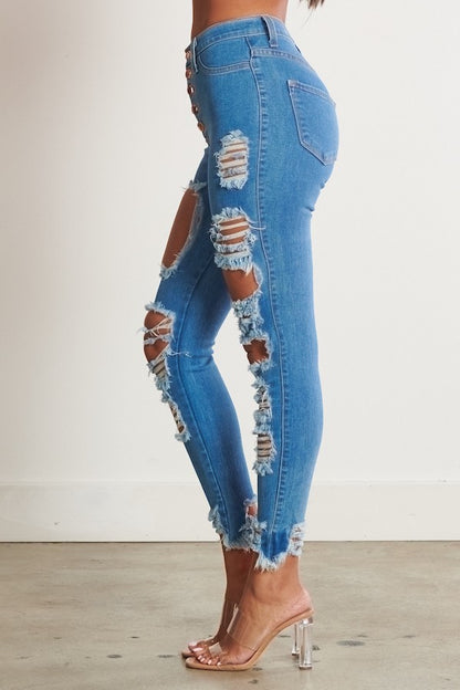Classic 5 Button Distressed Skinny Jeans - Blue