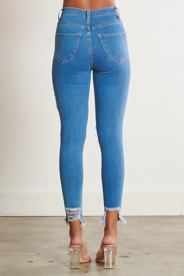 Classic 5 Button Distressed Skinny Jeans - Blue