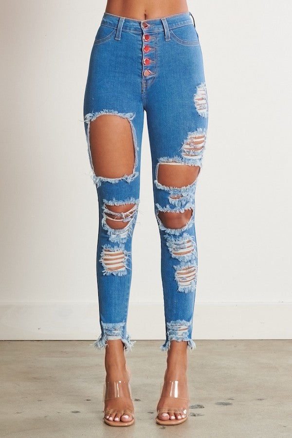 Classic 5 Button Distressed Skinny Jeans - Blue