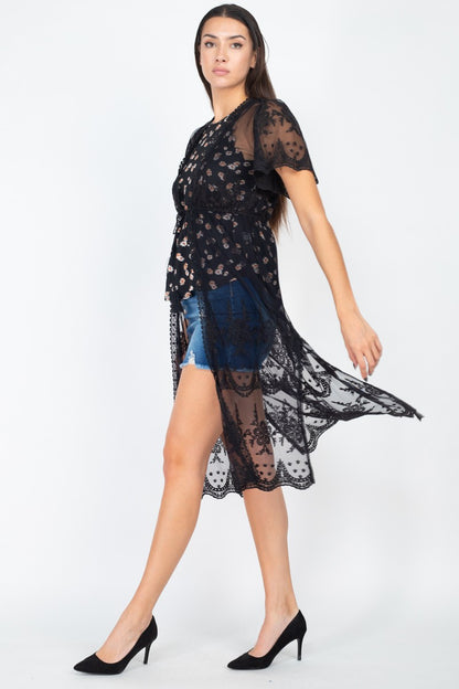 Self-Tie Lace Embroidered Kimono