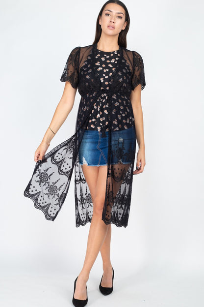 Self-Tie Lace Embroidered Kimono