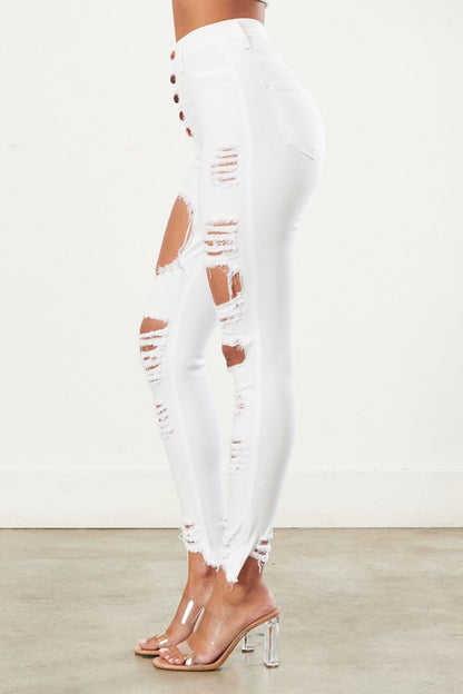 Classic 5 Button Distressed Skinny Jeans - White