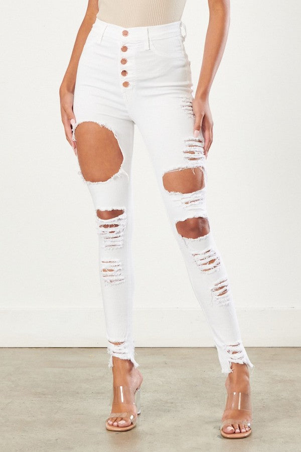 Classic 5 Button Distressed Skinny Jeans - White