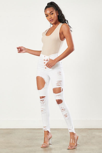Classic 5 Button Distressed Skinny Jeans - White