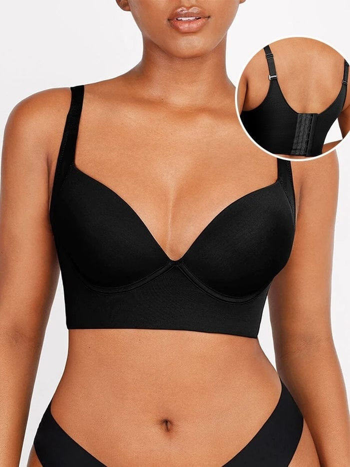 Black bra worn by a model with an inset showing the strap detail on a white background