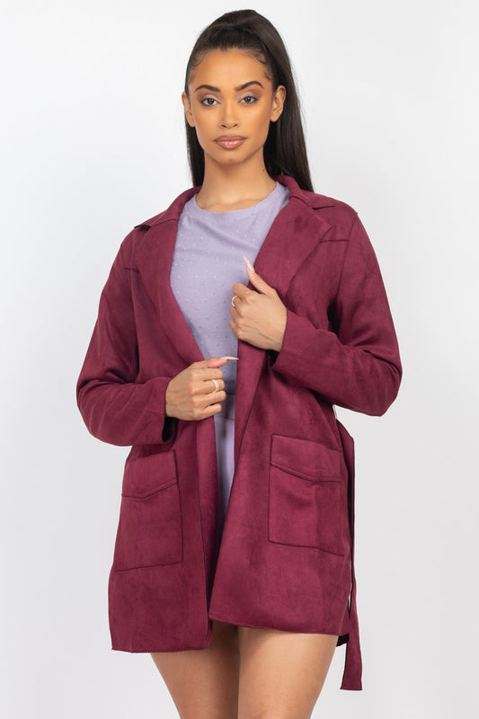 Suede Waist Tie Jacket - Burgundy