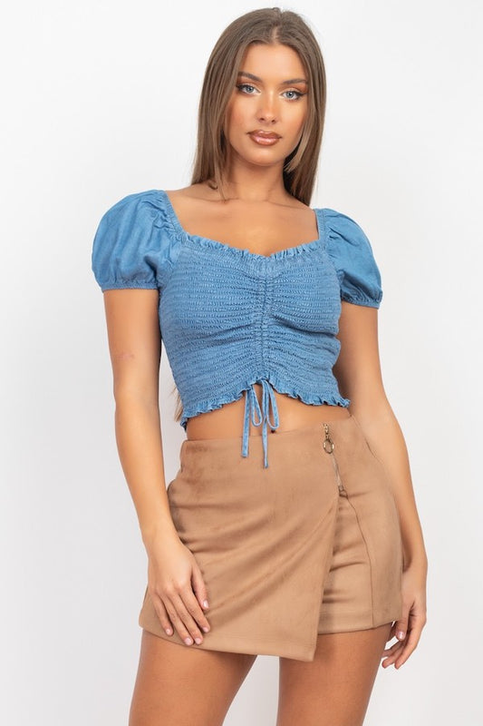 Charming Ruched Puff Sleeve Lyocell Top