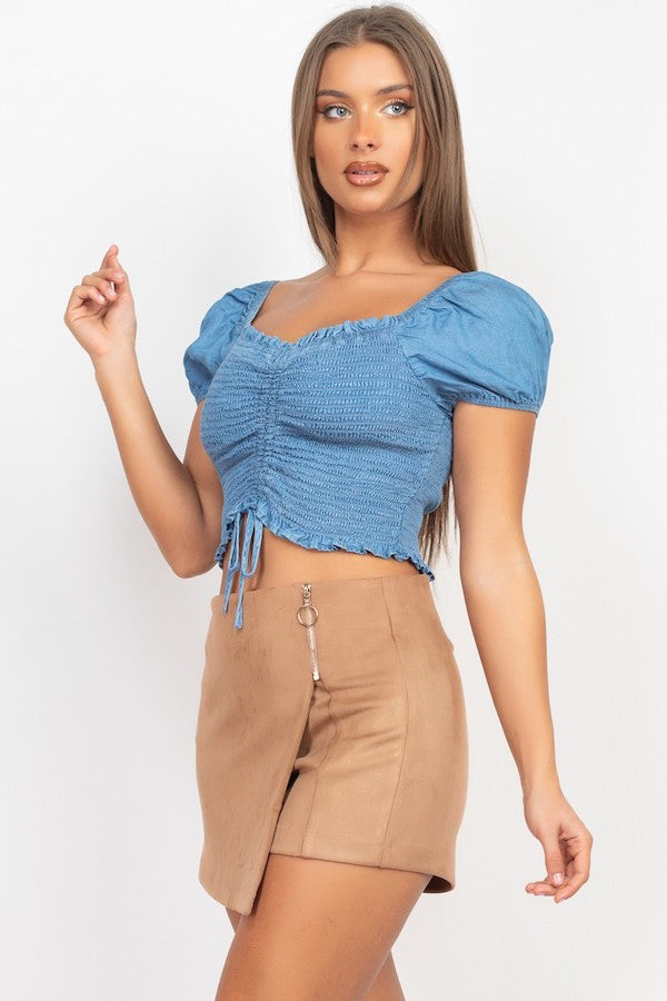 Charming Ruched Puff Sleeve Lyocell Top