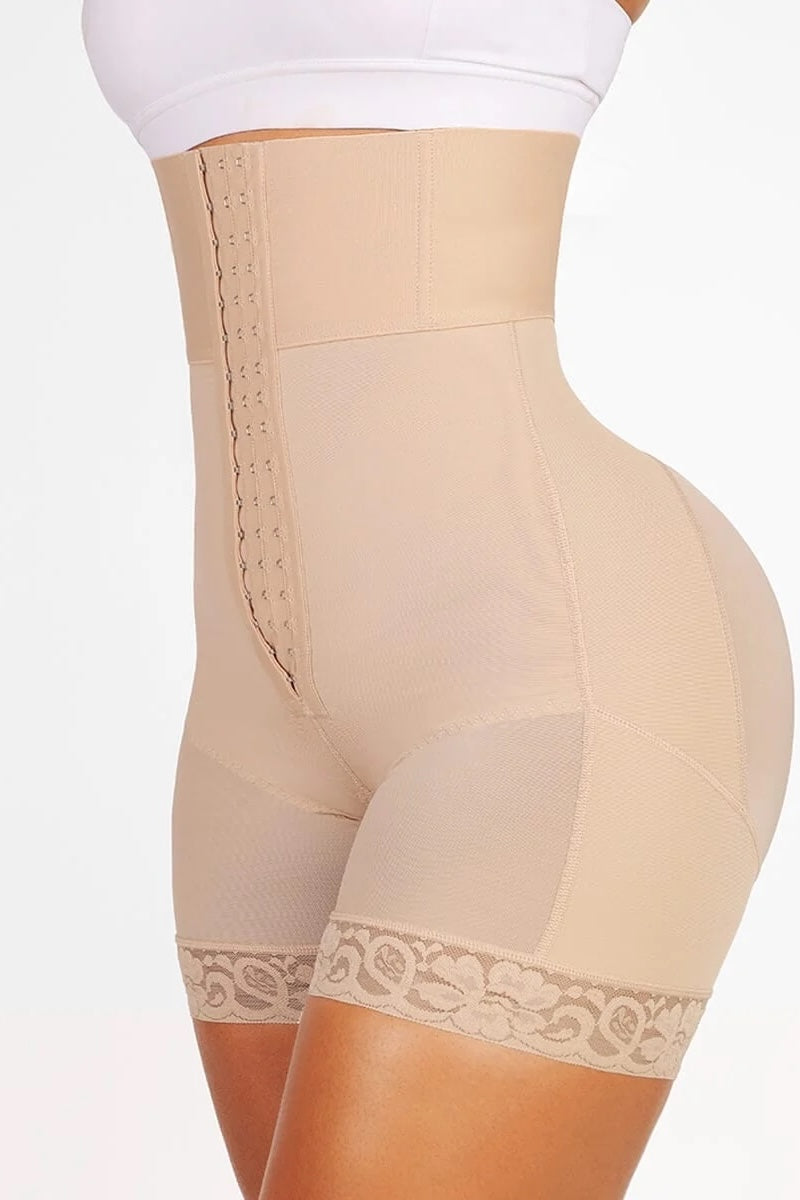 Beige shapewear being worn on a white background