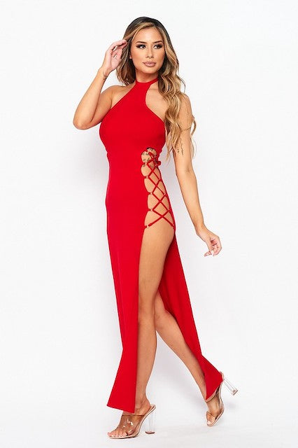 Halter Neck Lace Side Maxi Dress - Red