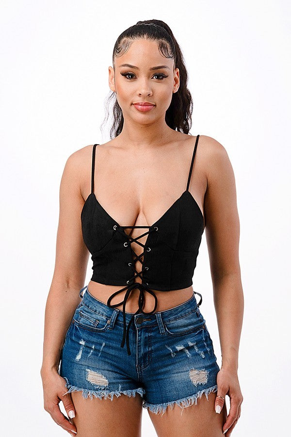 Cami Suede Crop Top With Lace Up