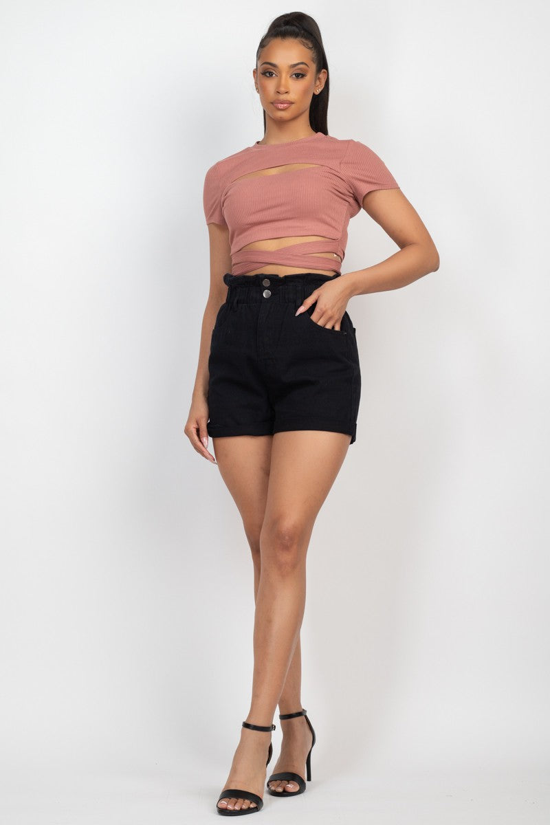 Self-tie Ribbon Front Cutout Ribbed Crop Top