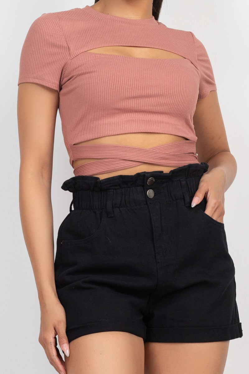 Self-tie Ribbon Front Cutout Ribbed Crop Top