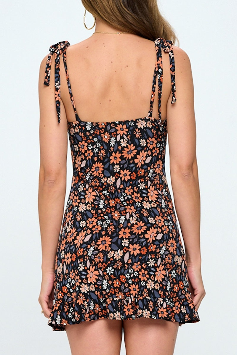 Floral Self-Tie Shoulder Mini Dress