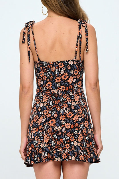 Floral Self-Tie Shoulder Mini Dress