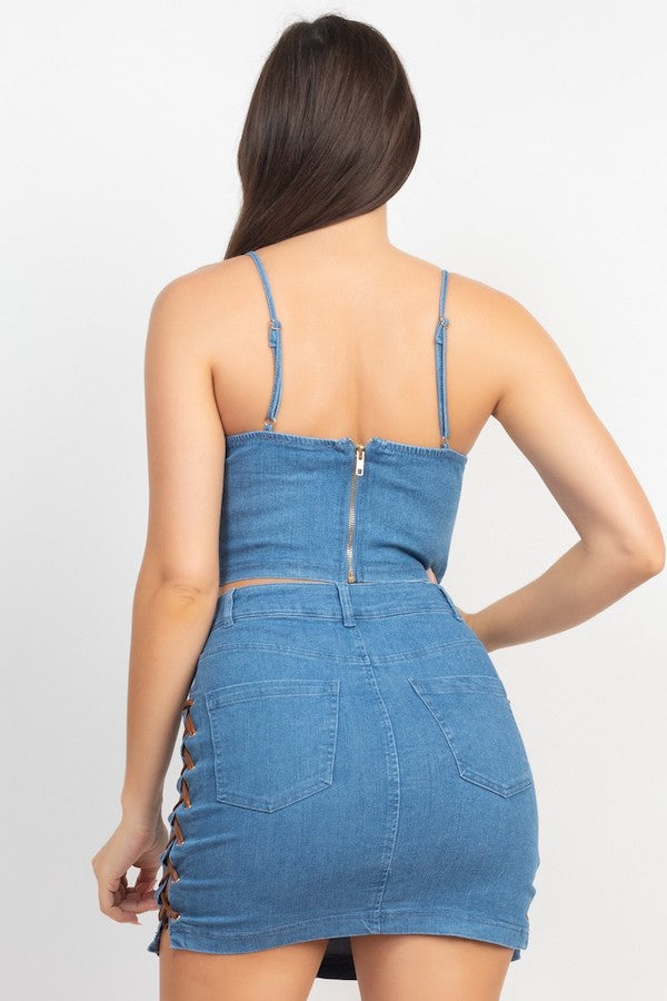 Lace-Up Denim Crop Top and Fitted Skirt Set