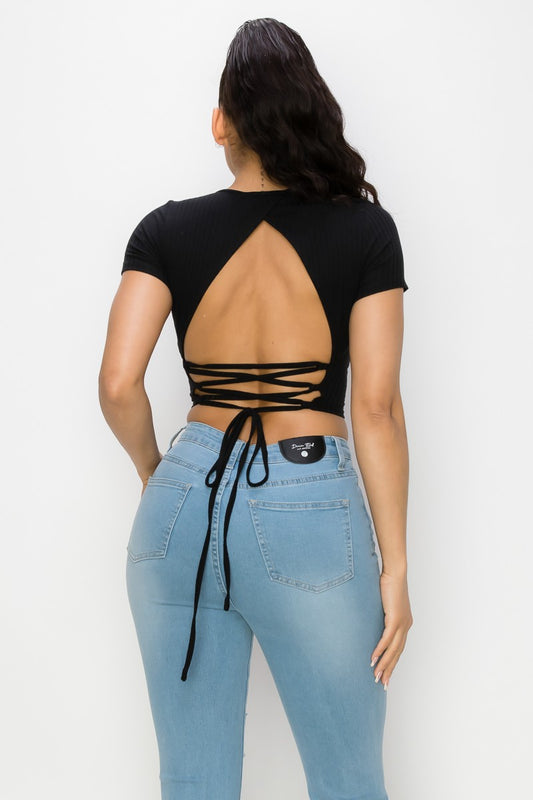 Self-Tie Lace-Up Ribbed Crop Top