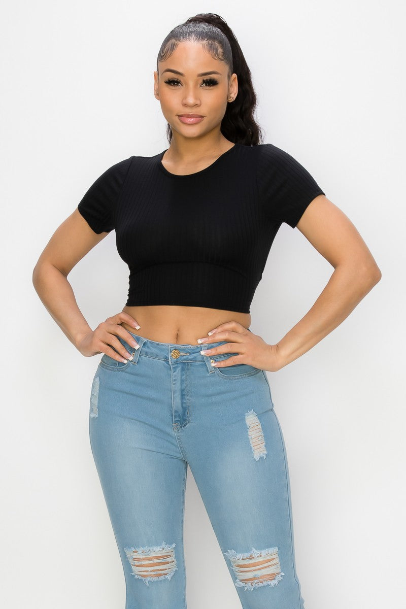 Self-Tie Lace-Up Ribbed Crop Top