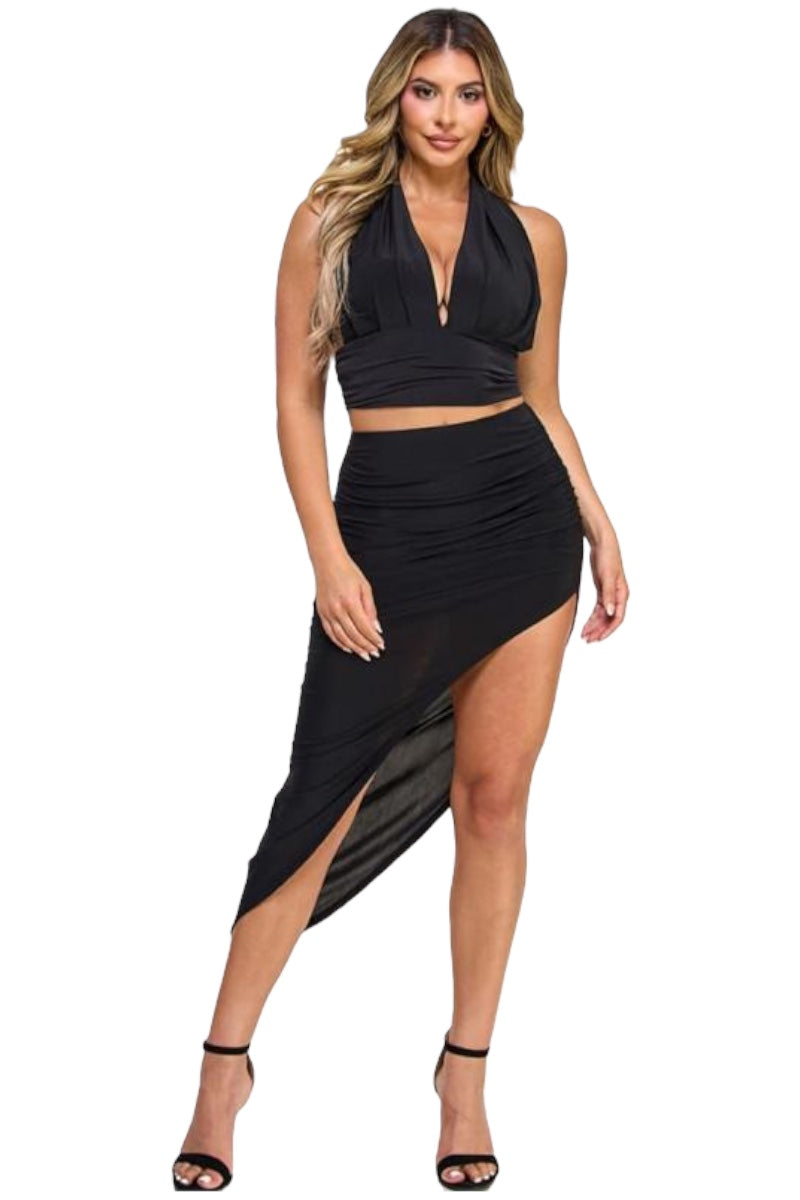 Self Tie Halter Top and High Slit Skirt Set