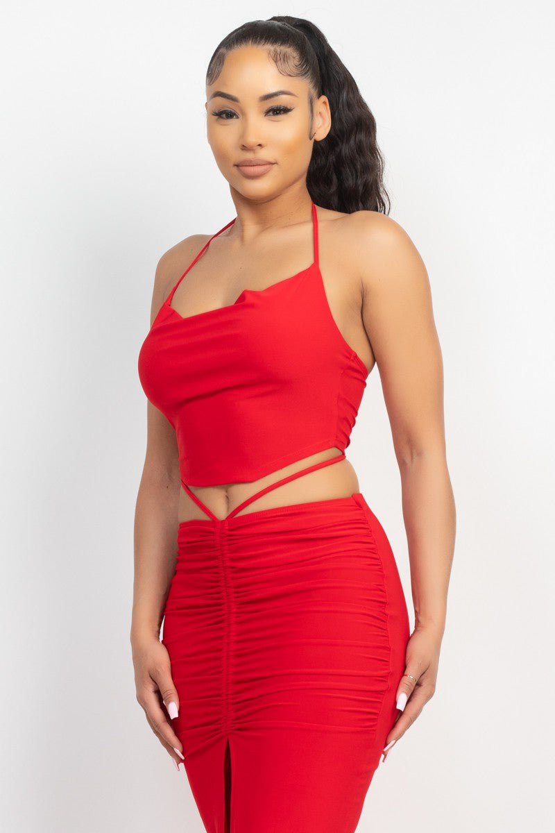 Cowl Neck Crop Top & Ruched Slit Skirts Set