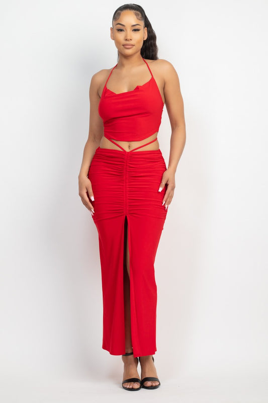 Cowl Neck Crop Top & Ruched Slit Skirts Set