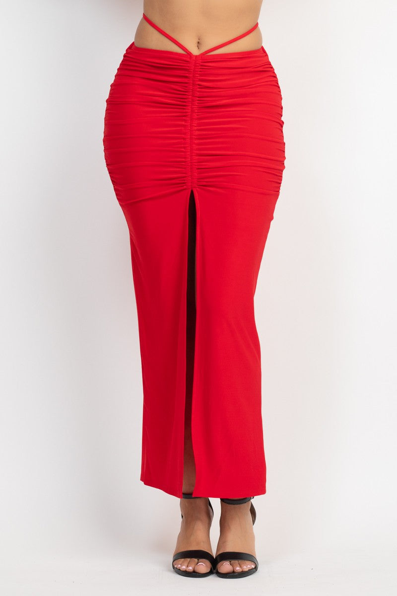 Cowl Neck Crop Top & Ruched Slit Skirts Set