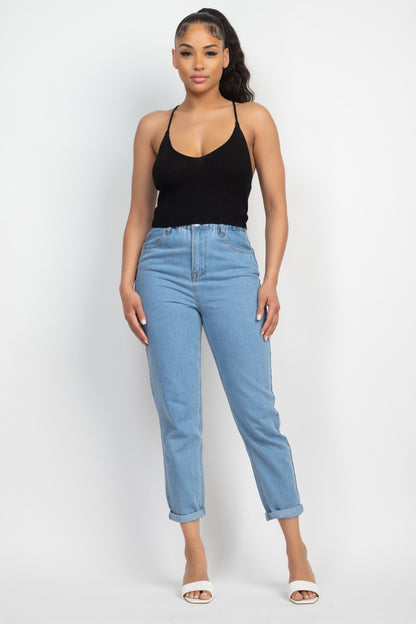 Scoop Ribbed Lace-Up Top