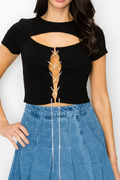 Rhinestone Lace-Up Crop Top
