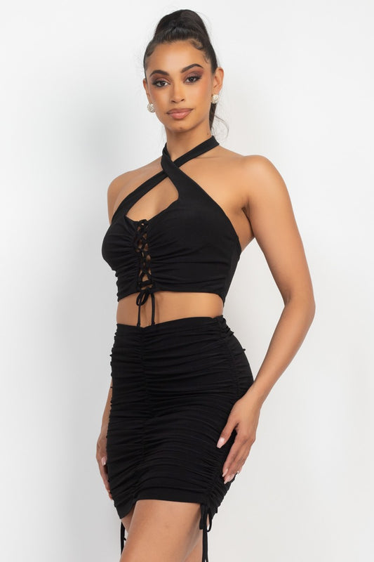 Halter Neck Lace-Up Top & Ruching Skirts Set