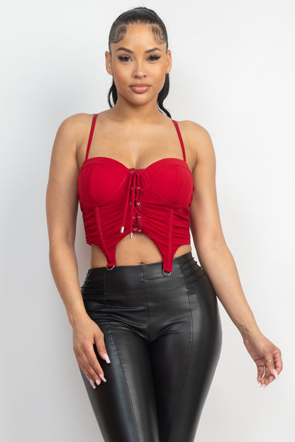 Bustier Ruched Lace-Up Zippered Corset Top- Red