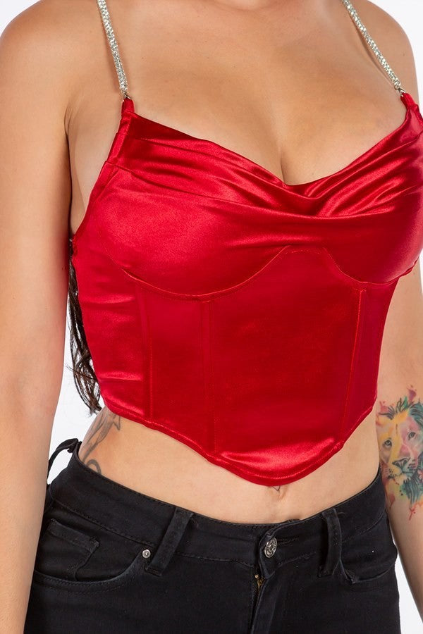 Satin Corset Cowl Neck Bling Crop Top