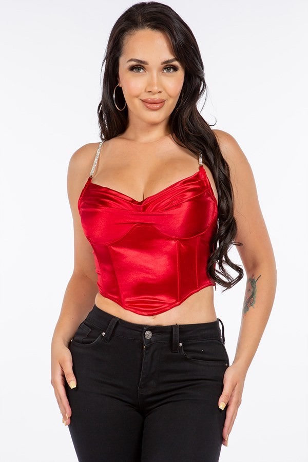 Satin Corset Cowl Neck Bling Crop Top