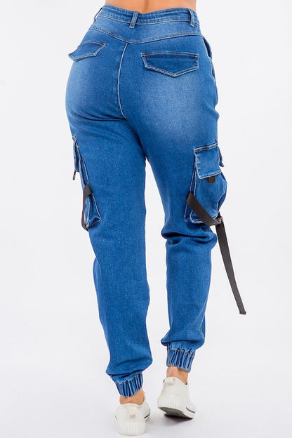 High Waist Cargo Style Denim Joggers