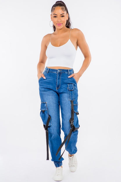 High Waist Cargo Style Denim Joggers