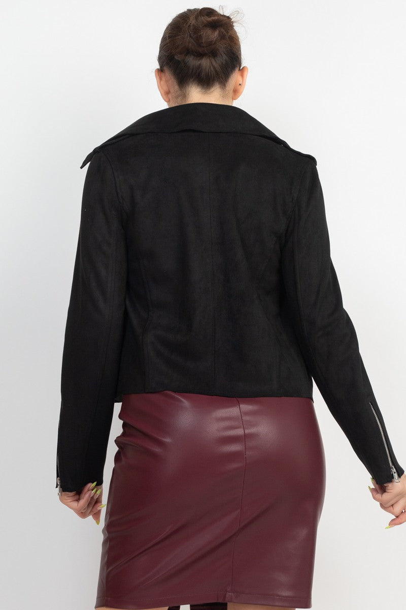 Faux Suede Notch Open-Front Moto Jacket