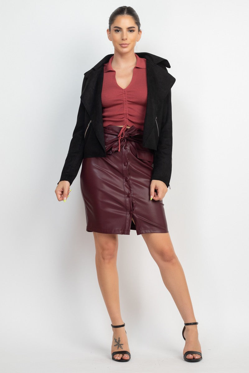 Faux Suede Notch Open-Front Moto Jacket