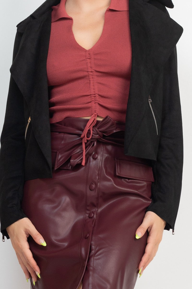 Faux Suede Notch Open-Front Moto Jacket