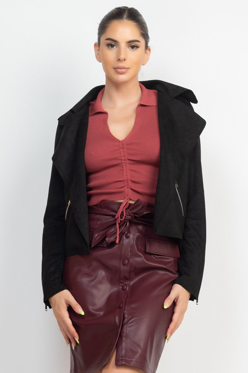 Faux Suede Notch Open-Front Moto Jacket