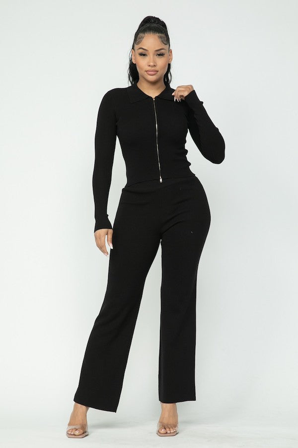 2 Piece 2 Way Zipper Top & Wide Pants Set