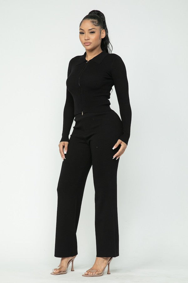 2 Piece 2 Way Zipper Top & Wide Pants Set