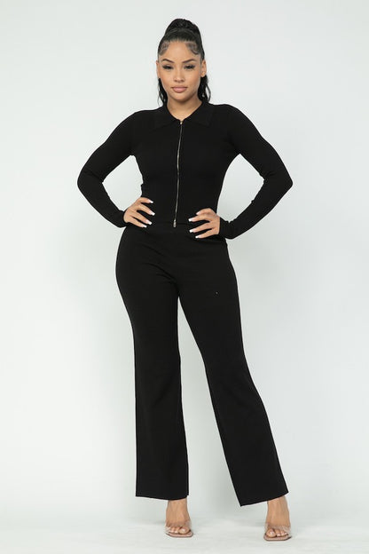 2 Piece 2 Way Zipper Top & Wide Pants Set