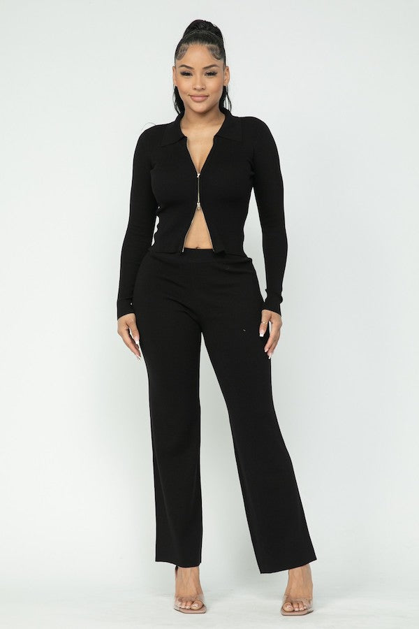 2 Piece 2 Way Zipper Top & Wide Pants Set