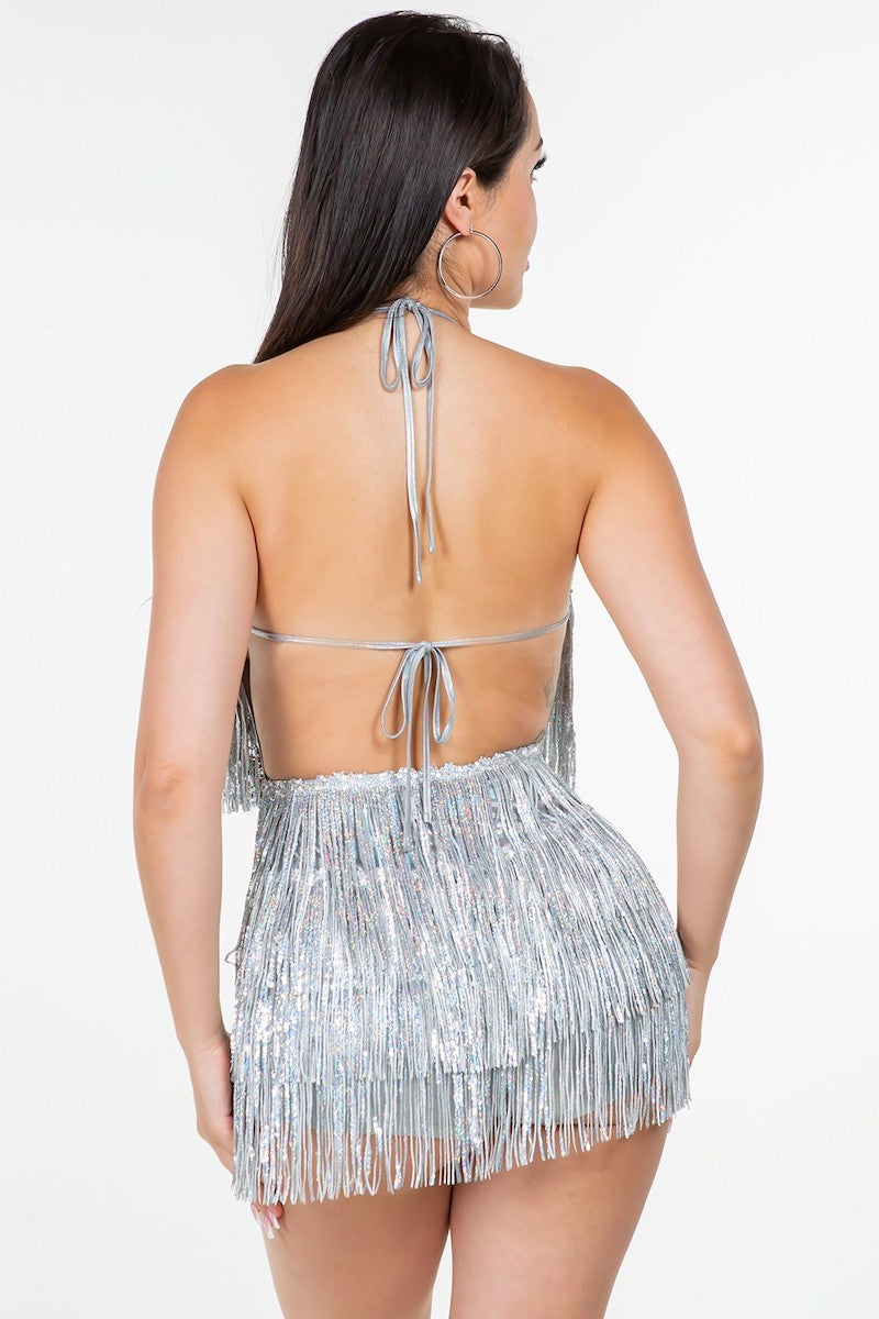 Fringe Sequin Romper Halter Dress