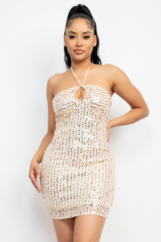 Keyhole Halter Neck Sequin Dress - Champagne