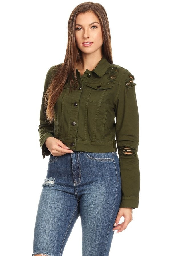 Distressed Denim Jacket - Olive