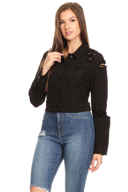 Distressed Denim Jacket - Black