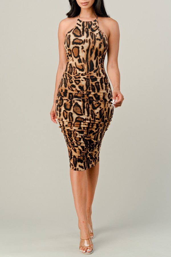 Halter Ruched Print Midi Dress