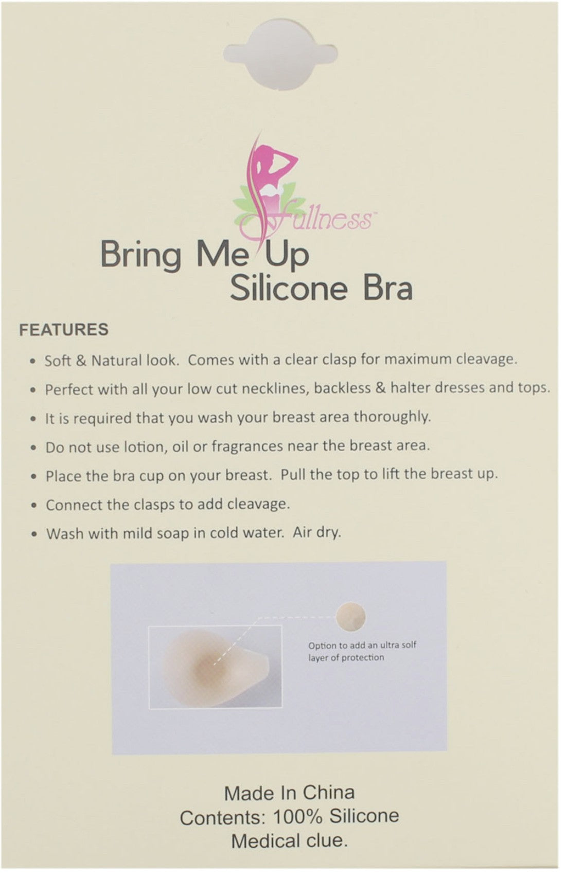 Back of the packaging card for the 'Bring Me Up Silicone Bra' by Fullness, featuring product features, instructions, and a small inset image of the silicone cup.